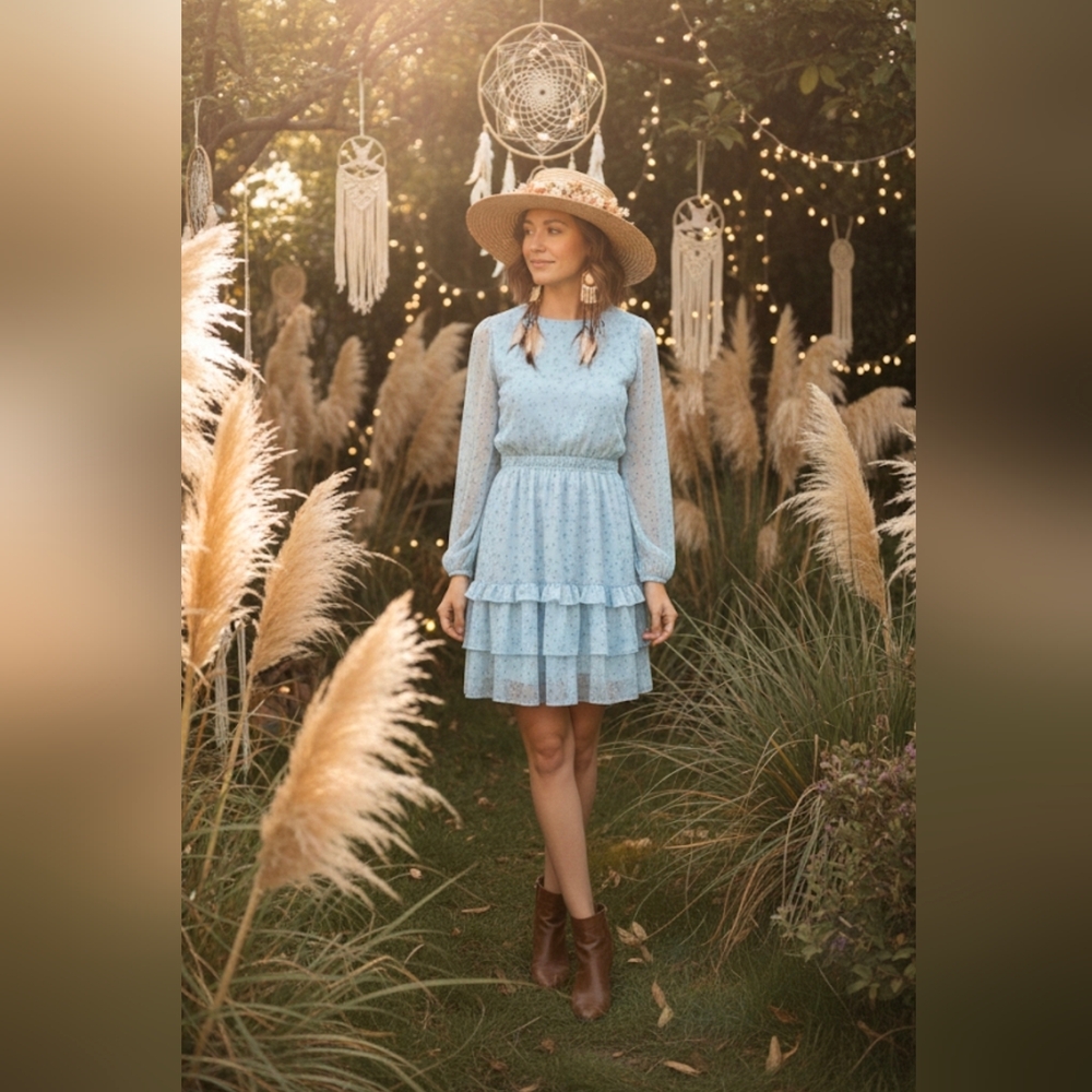 Aqua Sky Blue Long Sleeve Dress